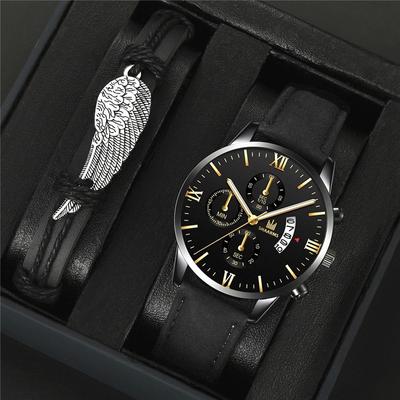 Heren quartz polshorloge (Horloge + armband) Met leren band en unieke vleugelversiering