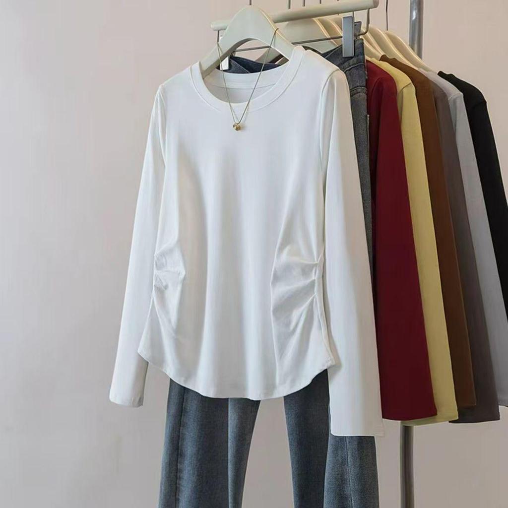 2025 Autumn Pure Cotton Pleated Long Sleeve Korean Style Plus Size Slimming Top