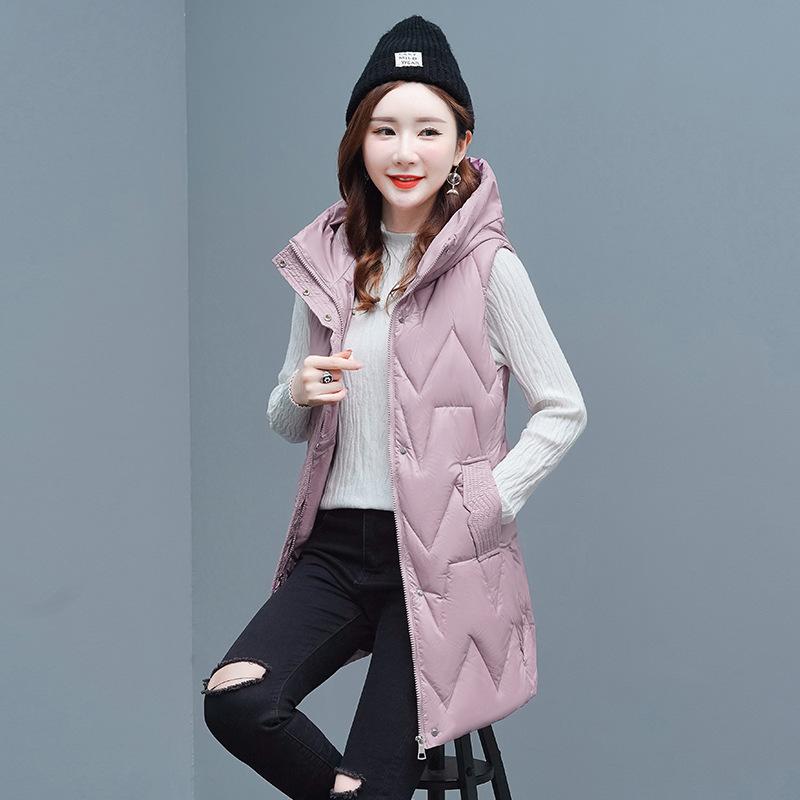 Outono e inverno feminino cor sólida com capuz solto espessamento quente meados de comprimento sem mangas colete jaqueta feminina