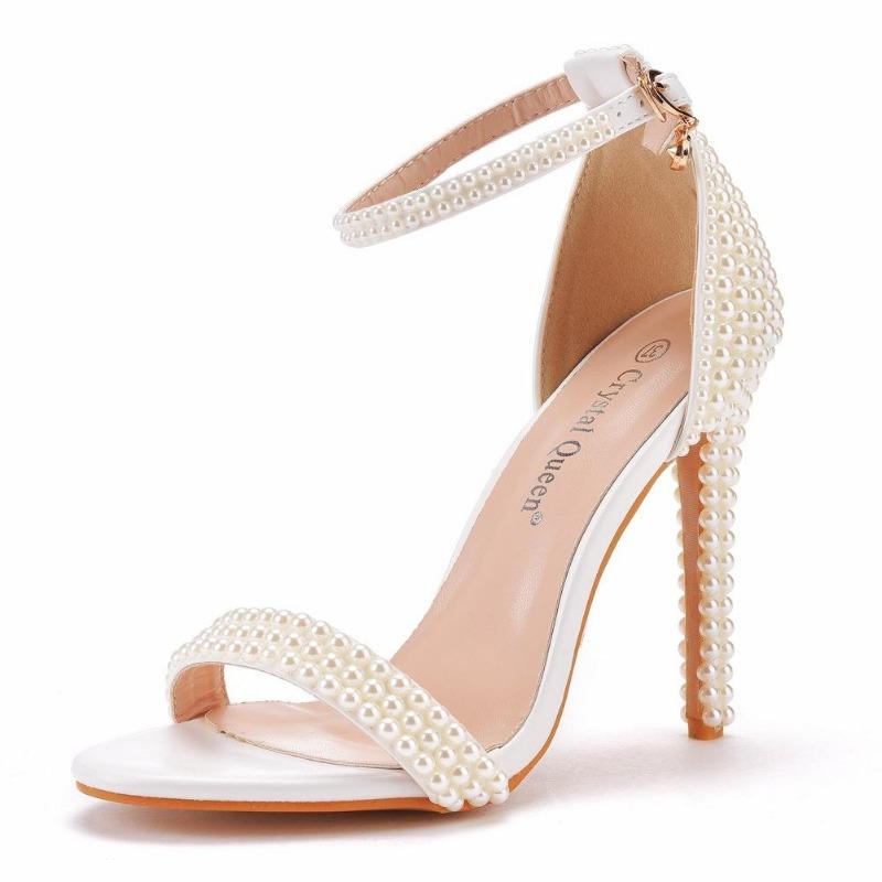 High Heel Sandals White One-liner Buckle Shoes Thin Heel Fish Mouth Roman Sandals White Pearl Sandals