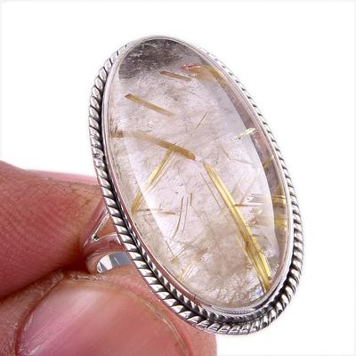 Natural Golden Rutile Gemstone Handmade 925 Solid Silver Jewelry Ring S.6.5 L7M28