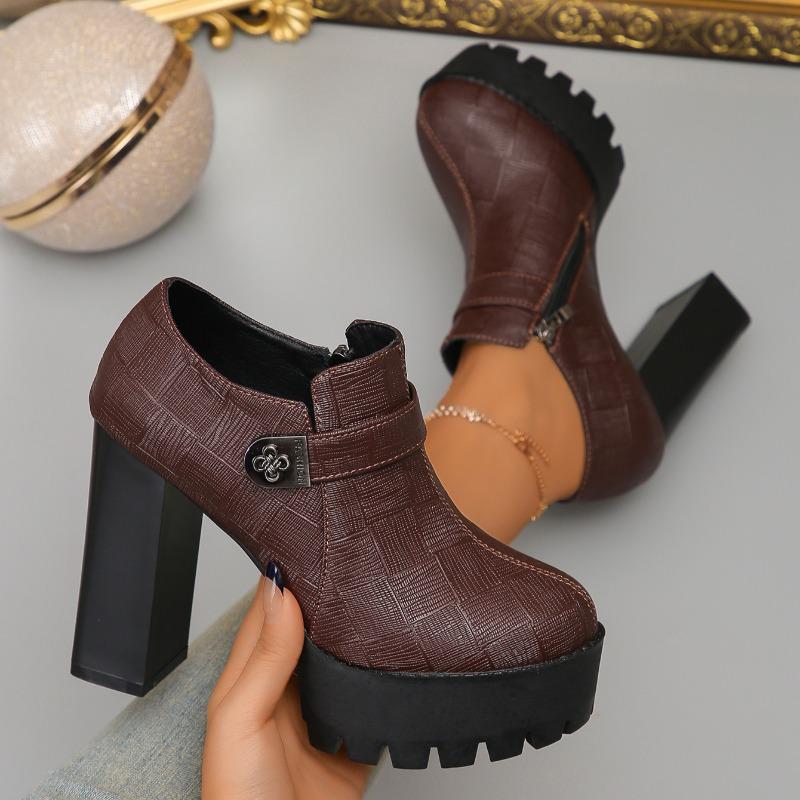 Fashion Winter New Coarse Heel Shoes Women's Fashion Round Head Thick Sole Side Zipper Anti-slip Wear-resistant High Heels