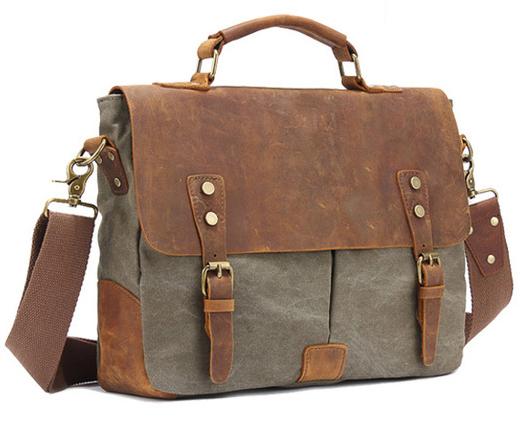 Vintage Leather & Canvas Briefcase for Men, Business Office Portfolio Bag, Document Tote Attache Case