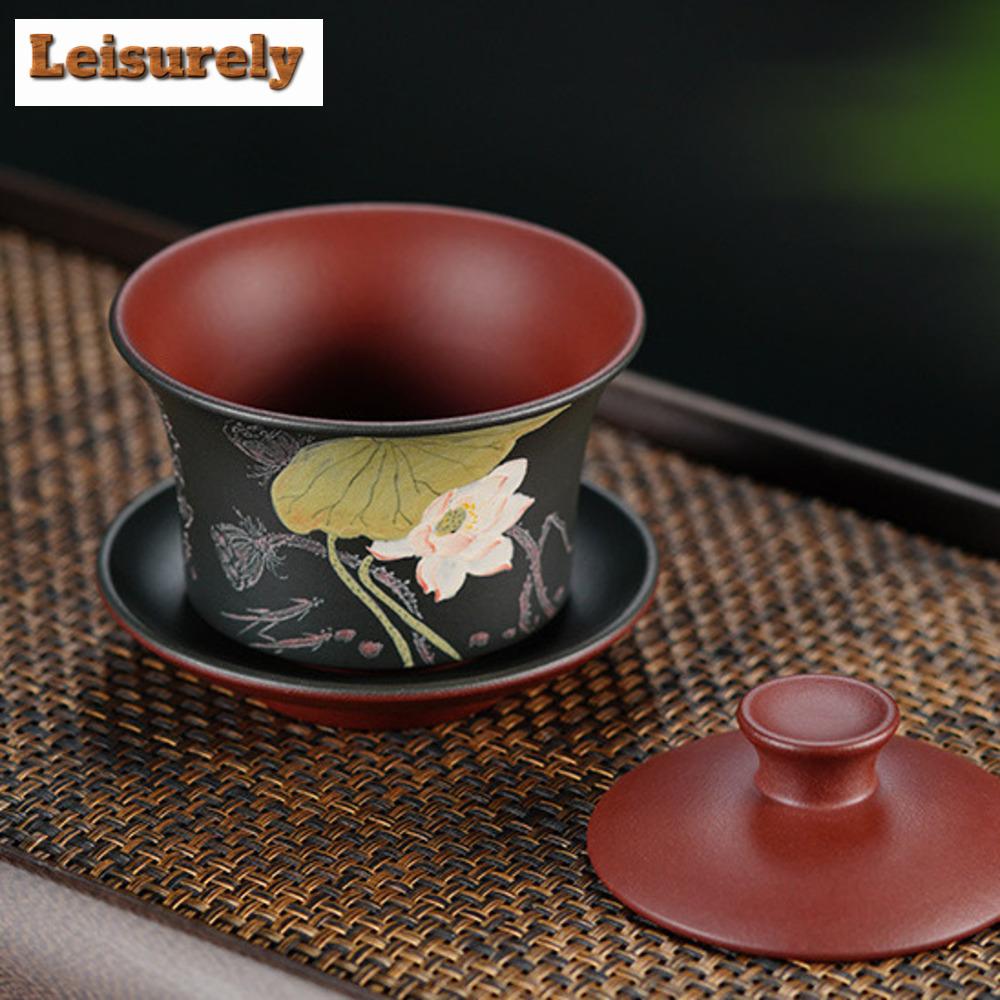200 ml Yixing Lila Ton Gaiwan Berühmte schlammbemalte Lotusteeterrine Schönheits-Tee-Ei Deckelschale Chinesisches handgefertigtes Zisha-Teeset