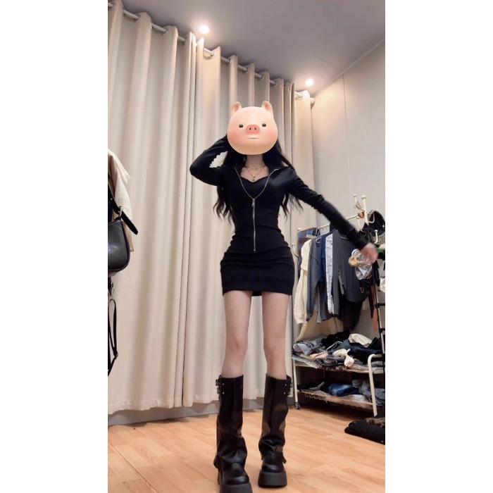 

Niche Charming Thousand Seeds Spicy Slimming Bodycon Dress - Long-Sleeve Sexy Style 2025 Pure Desire Design Medium чёрный