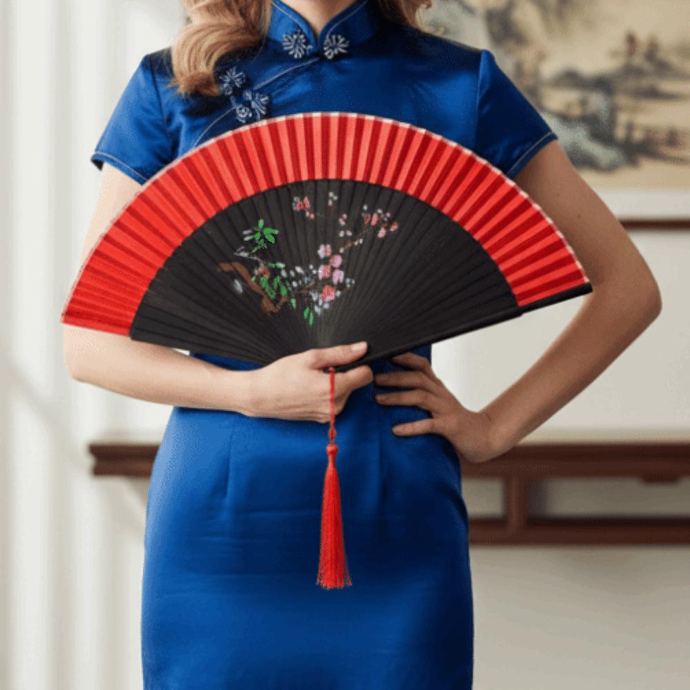 Exquisite Blossom Printing Folded Fan Portable Kimono Fan Tassel Folding Fan Home Decoration