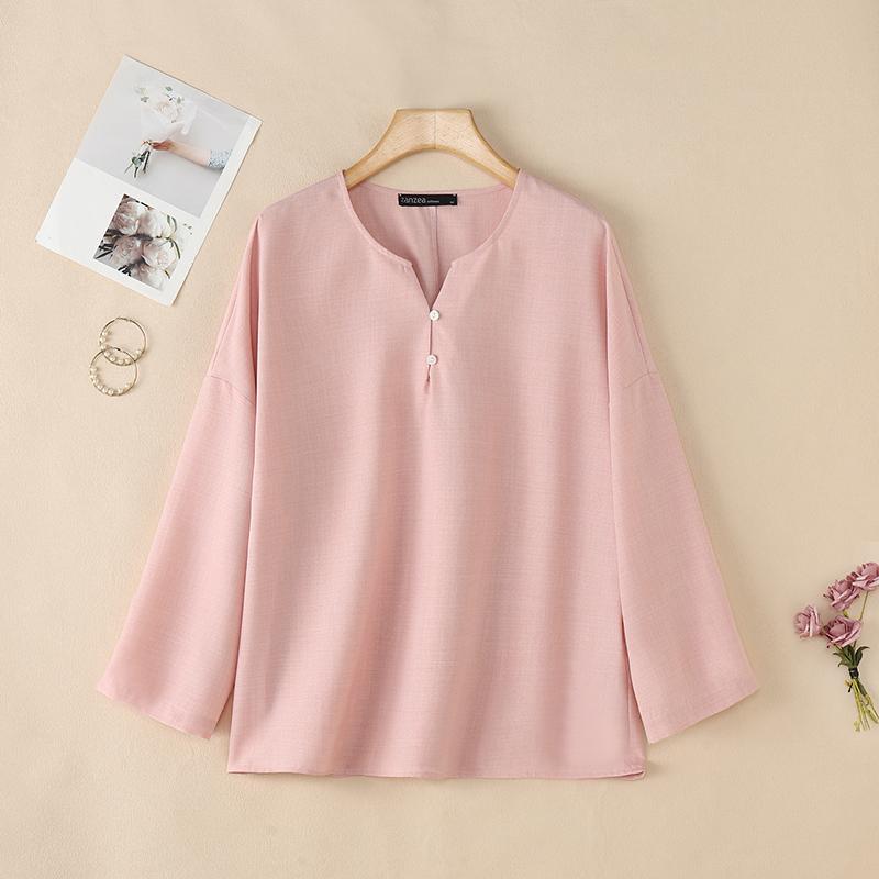 ZANZEA Moteriški laisvalaikio V formos iškirptės vienspalviai 3/4 rankovių marškiniai