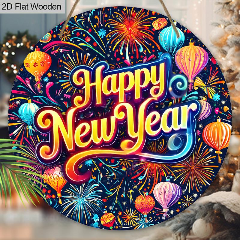Happy New Year Festival Wooden Sign - Colorful Hot Air Balloon Round Sign for Front Door, Wall Hanging Decor - Ideal Festival Decoration