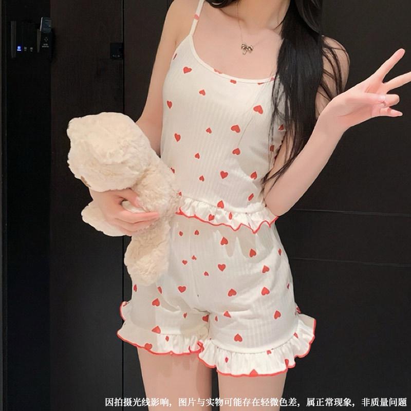 

Summer new European and American suspender shorts set sexy flower women s home pajamas outer order S【 40-52.5kg 】