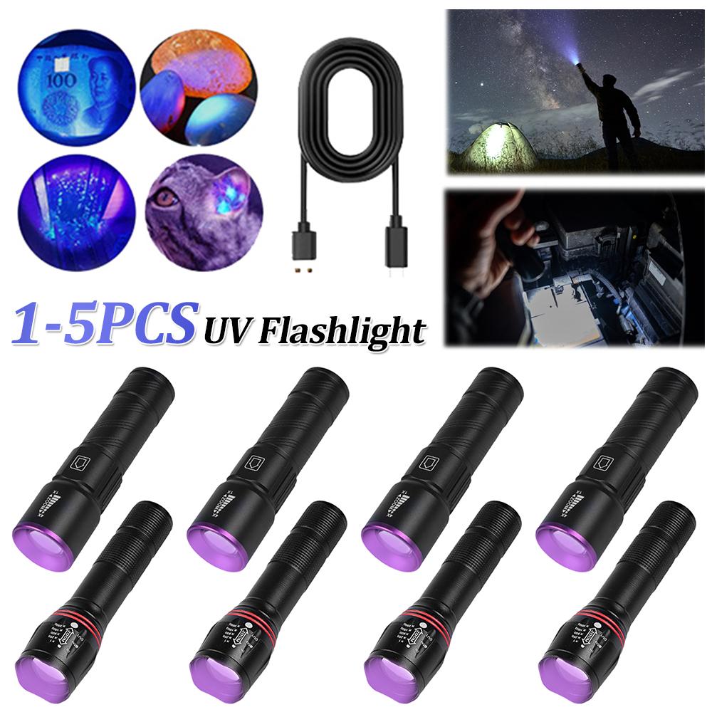 1-5PCS Portable Ultraviolet Torch Multi-Function Telescopic Zoomable Flashlight 3 Light Modes Waterproof UV Torch for Money