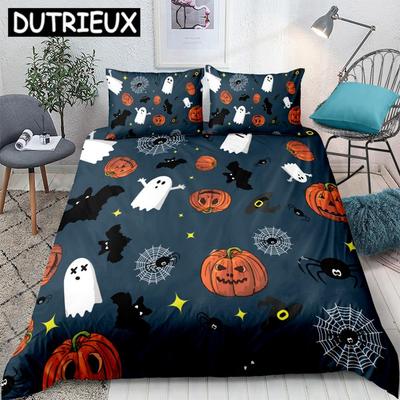 Halloween Dekbedovertrek Set Vleermuis Met Pompoen Beddengoed Set 3 Delen Festival Dekbedovertrek Oranje Kussenslopen Mode Huis Textiel