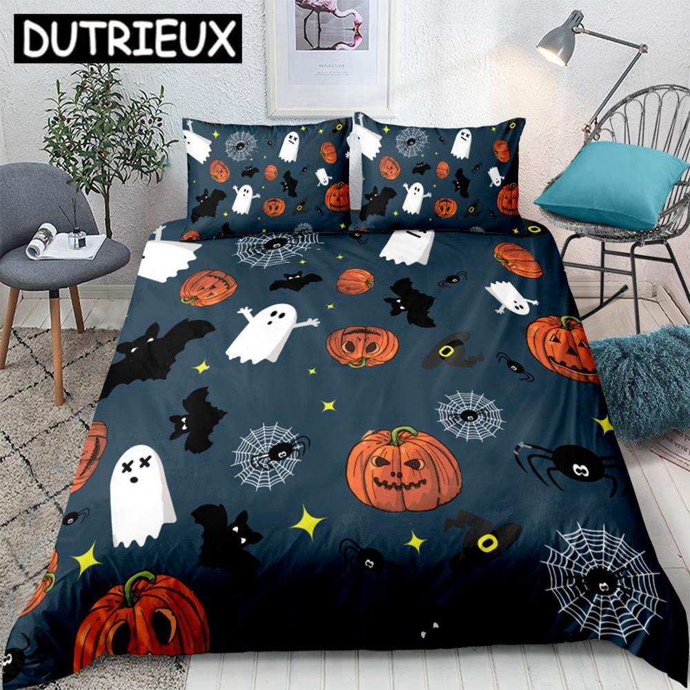 Halloween Duvet Cover Set  Bat With Pumpkin Bedding Set 3pcs Festival Quilt Cover Orange Pillow Cases Fashion Home Textile