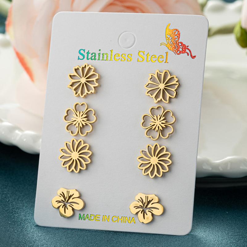 4Pairs/Lot Fashion Stainless Steel Star Moon Stud Earrings Sets for Women Small Flower Porker Dog Earings Jewelry Gift