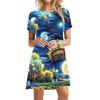 3D Printed Women's Loose O-Neck Pullover Dress Flower Print Comfortable Casual Short Sleeved Dress