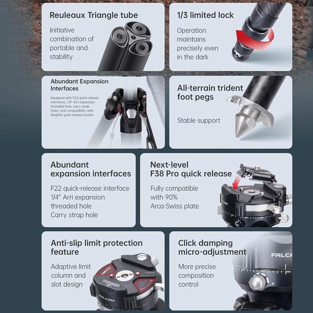 Falcam TreeRoot F38 Pro Carbon Fiber Quick Lock Travel Tripod with Ball 5kg F22 and Strap Hole for Mirrorless and Camcorders Tripod, 61-inch 360°