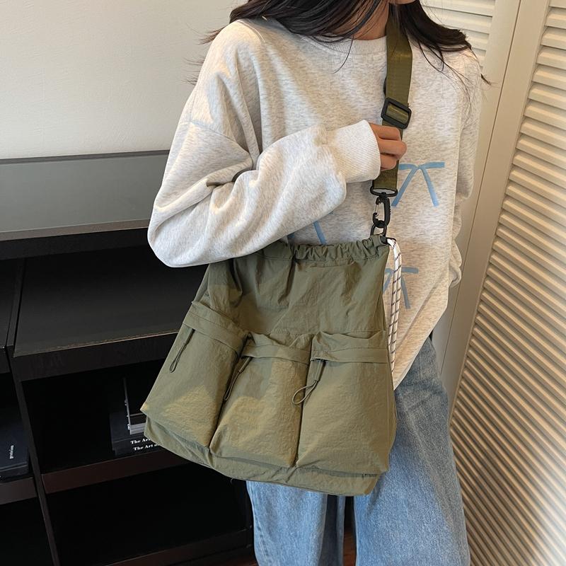 Large Capacity Drawstring Bag Women's Tote Bag Solid Color Shoulder Bag