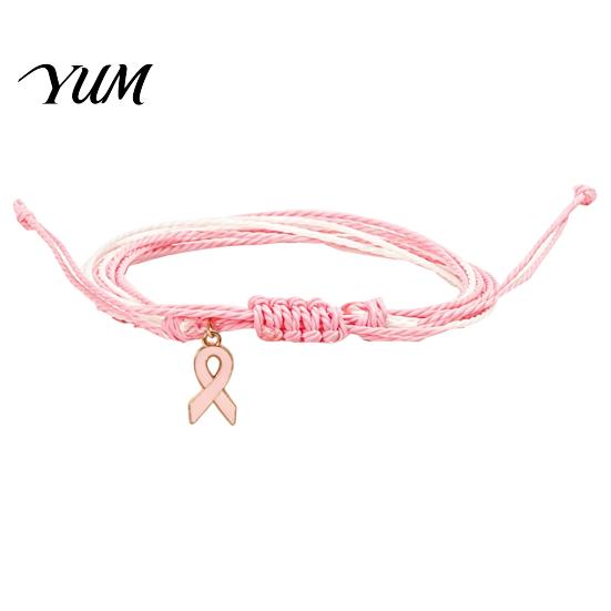 Breast Cancer Awareness Gifts Bracelet for Women, Adjustable Woven String with Handwoven Rope Wristband Ribbon Charm, Handmade Braided Survivor