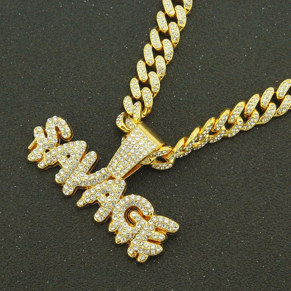 Full Diamond Splicing Letter Pendant Cuban Chain, European and American Hip-hop Necklace Personalized Men's Sweater Chain, Trendy Accessories