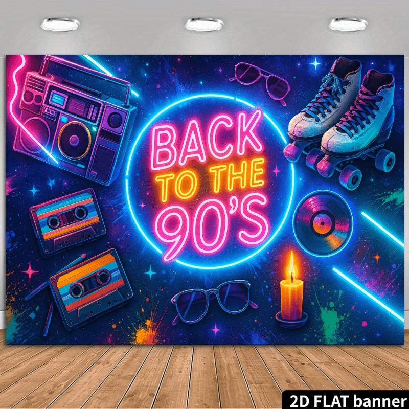 Dwuwymiarowy Płaski Baner - Tkanina Tła w Stylu Retro z Lat 90. - Neonowy Napis "BACK TO THE 90'S" + Dekoracja Taśmą