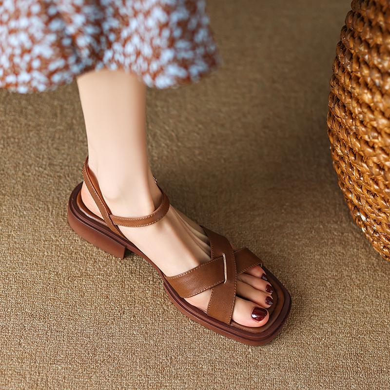 Fashion 2025 New Summer Women Sandals Retro Women Shoes Open Toe Low Heel Sandals Genuine Leather Shoes for Women Brown Big Size