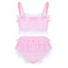 2Pcs Mens Ruffled Lace Sheer Chiffon Sissy Lingerie Set Bra Top with Skirted Petticoated Panties