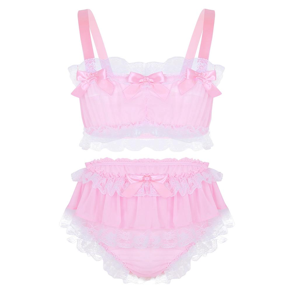 2Pcs Mens Ruffled Lace Sheer Chiffon Sissy Lingerie Set Bra Top with Skirted Petticoated Panties