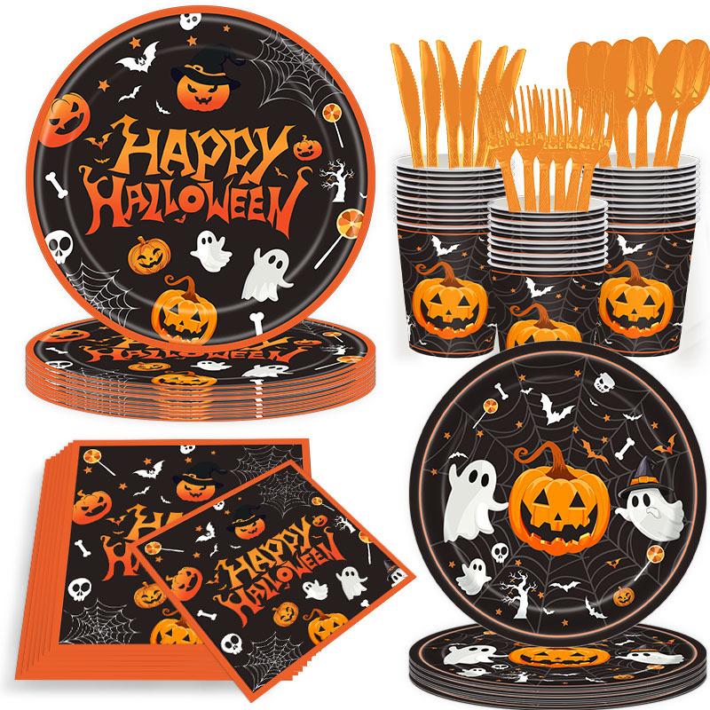 Orange Halloween Disposable Plate Set, Ghost Pumpkin Theme Party Supplies, 22 Pack