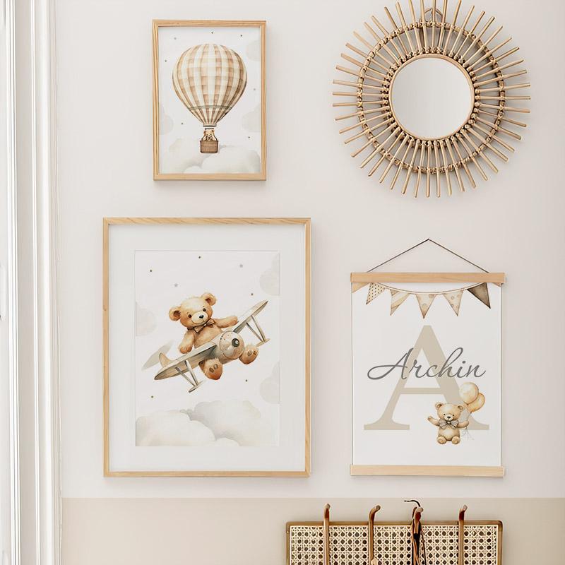 Bear Hot Air Balloon Aircraft Moon Cloud Balloon Nursery Wall Art Canvas Painting Posters & Prints Pictures Baby Kids Room Decor