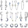 Elegante Damen 925er Silber Sonne Mond Stern Blau Funkelnder Zirkonia Ohrringe Passend für Hochzeit Feiner Schmuck Geschenke