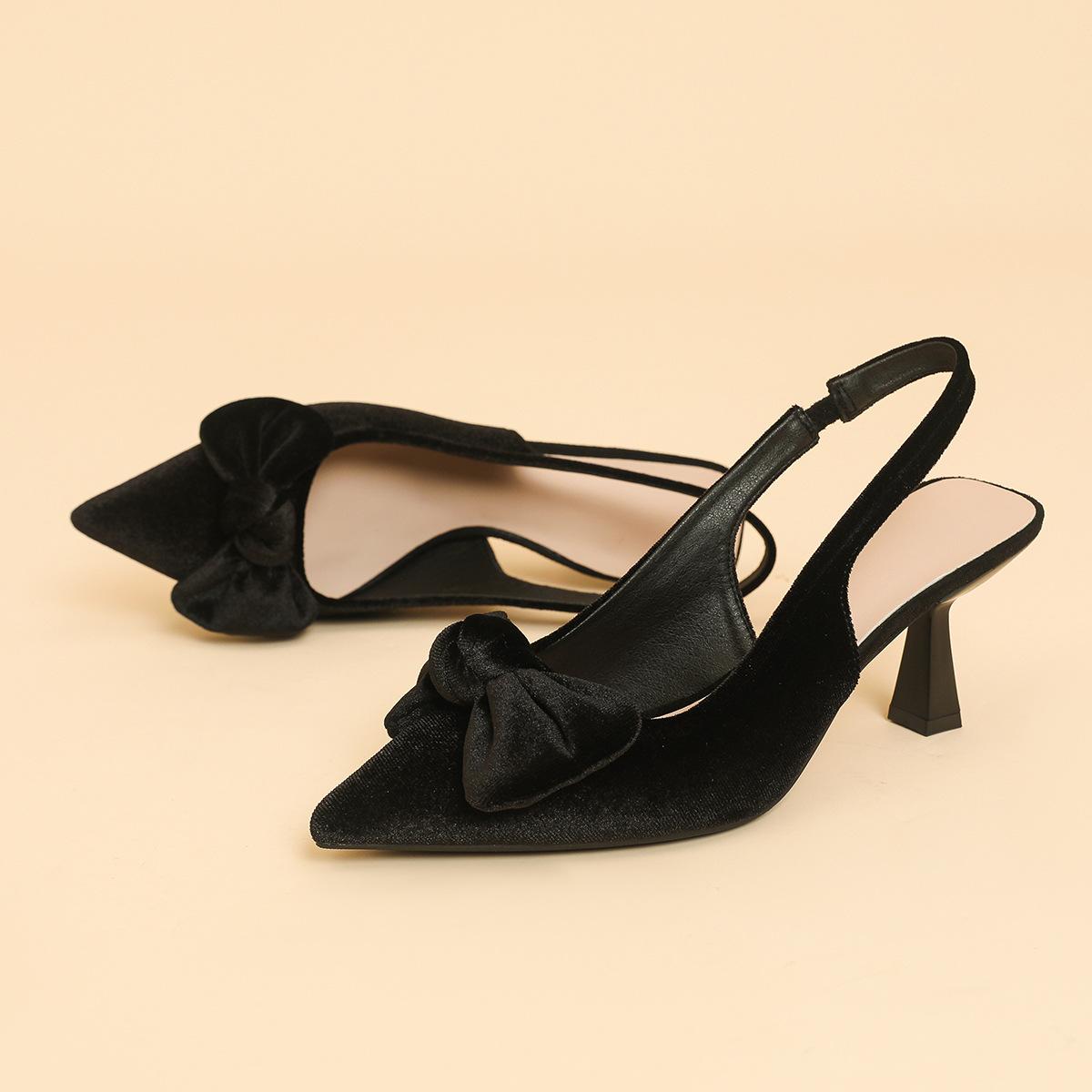 

Женские босоножки большого размера на тонком каблуке с острым носком, летние повседневные босоножки на шпильке с бантом, однотонные туфли 36-42 39 чёрный