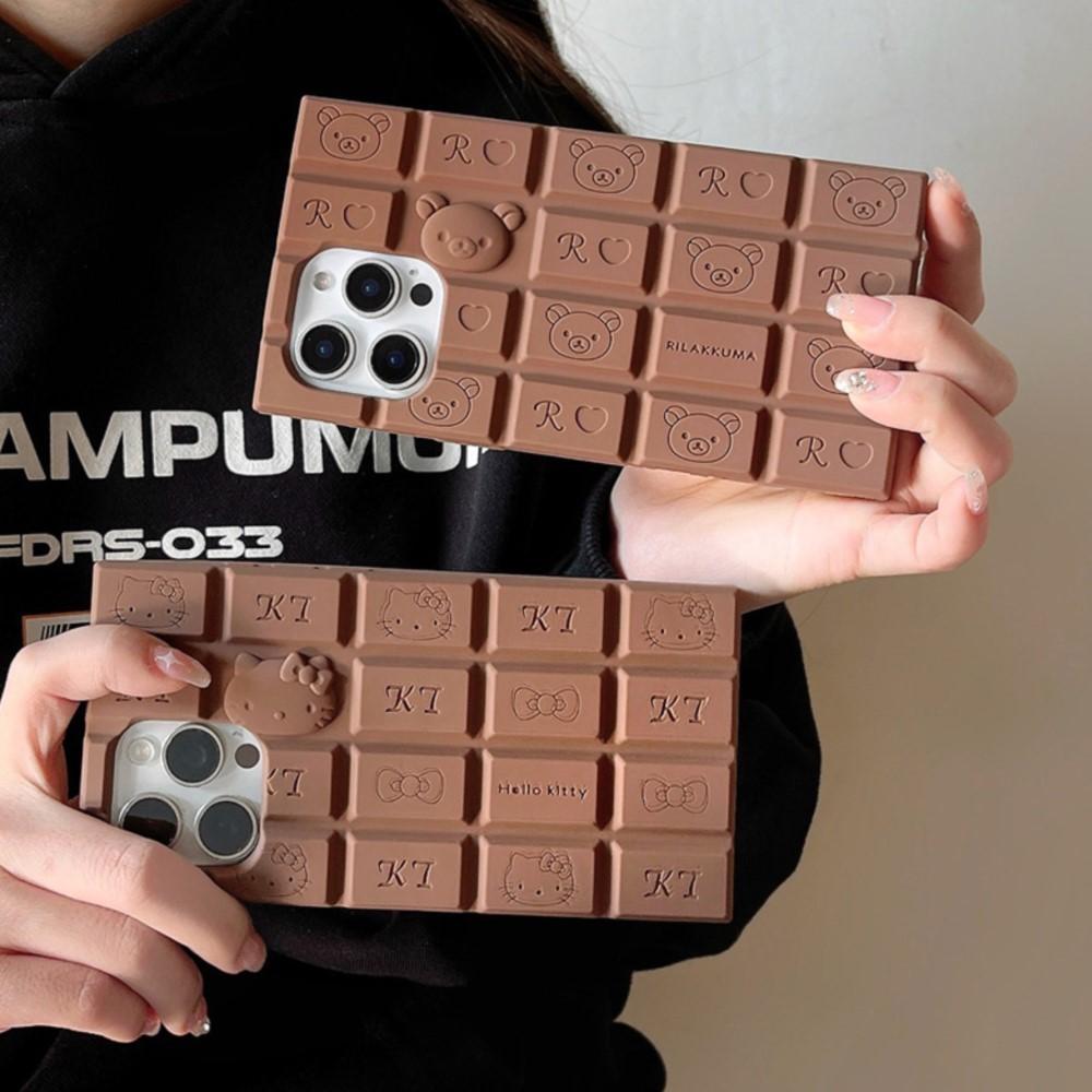 3D Chocolate Rilakkuma Phone Case For iPhone 16 Pro Max 15 14 Plus 13 12 Pro Max iPhone 11 Hello Kitty Silicone Cover