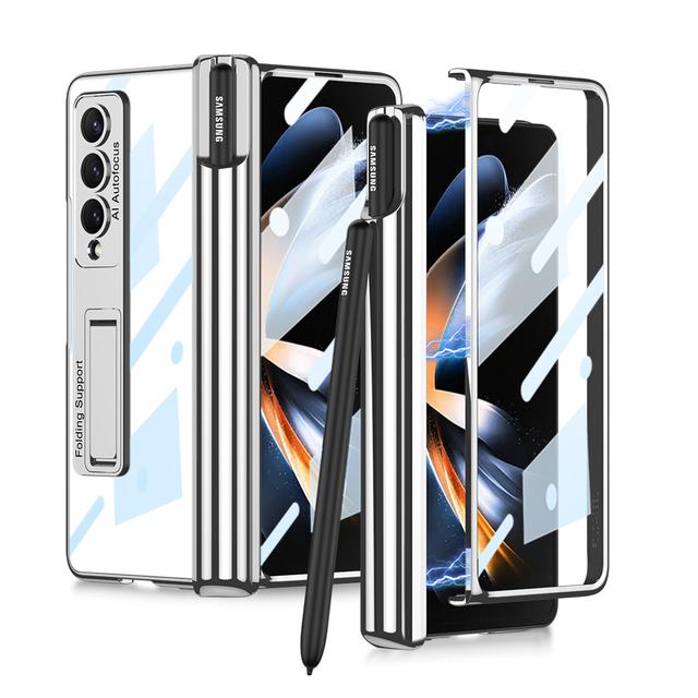 New For Samsung Galaxy Z Fold 4 Hd /Anti -Peep Phone Case Fold4 Trasparent Glass Film Case Cover With Pen Holder Hidden Kickstand