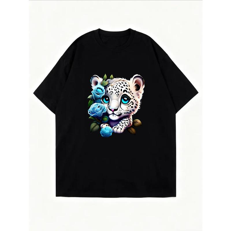 Süßes Leopardenbaby mit blauen Rosen Weißes T-Shirt für Damen Lässige Sommerbekleidung