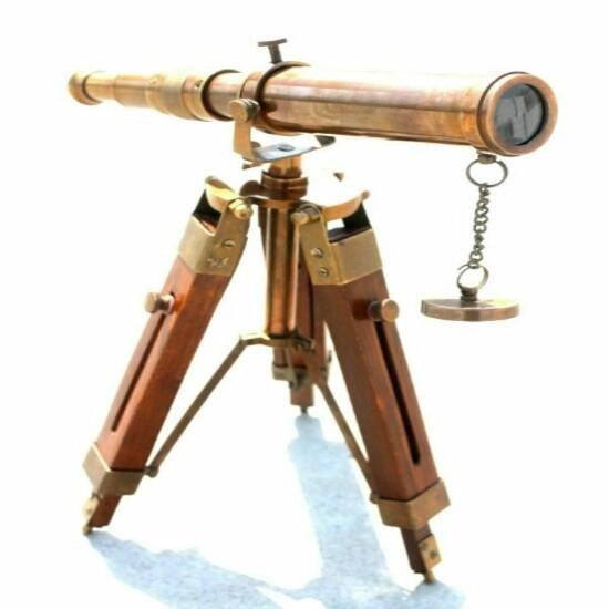 Brass Telescope With Wooden Tripod Stand Maritime Nautical Vintage Desk Décor