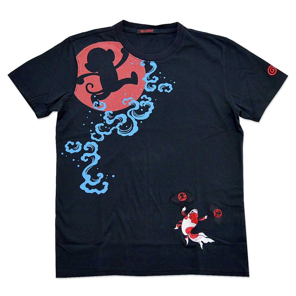 Goku Honpo Goldfish Caricature Gorgeous Short Sleeve Goku Honpo Goku Monkey Kuniyoshi Utagawa Kintoto Embroidery Black L (Goku Honpo) T-Shirt LGT-5901