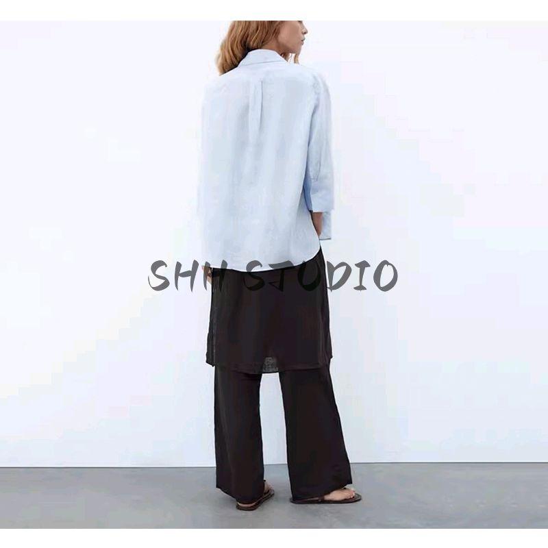 Women's Spring Clothing French Style Design Lapel Asymmetric Hem Linen Blended Shirt 4786126