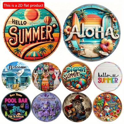 1pc 2d Flat Round Wooden Sign - 20cm Art Summer Wreath Decorative Plates Entrance Decor Gift Mask Theme for Bar Club Home Room Wall Decor