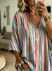 Women's Large Size V-neck Top, Elegant and Comfortable, Simple Striped Pattern Print Large Size Women's V-neck T-shirt - Fashionable and Versatile