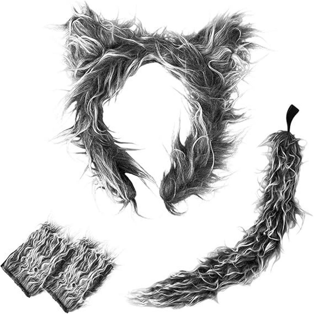 Unisex Gray Wolf Headbands and Tail Set for Kids Accessory for Halloweens Decoration and Birthday Party Costumes