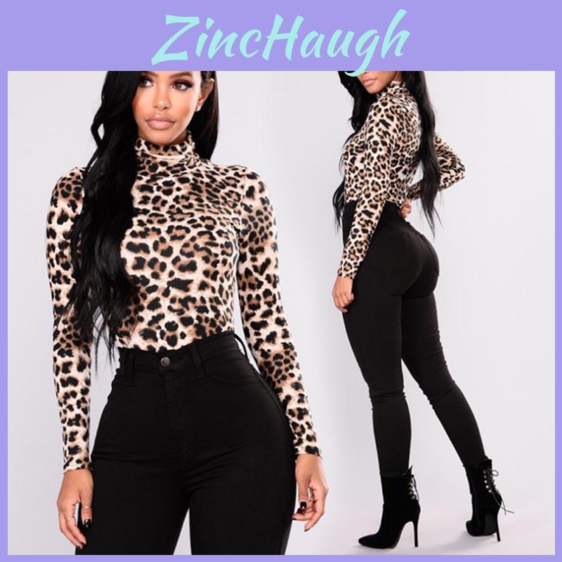 Elegant Women Ladies Leopard Pattern High Neck Loose Fit Casual Tshirt Blouse Top In Vibrant Colors