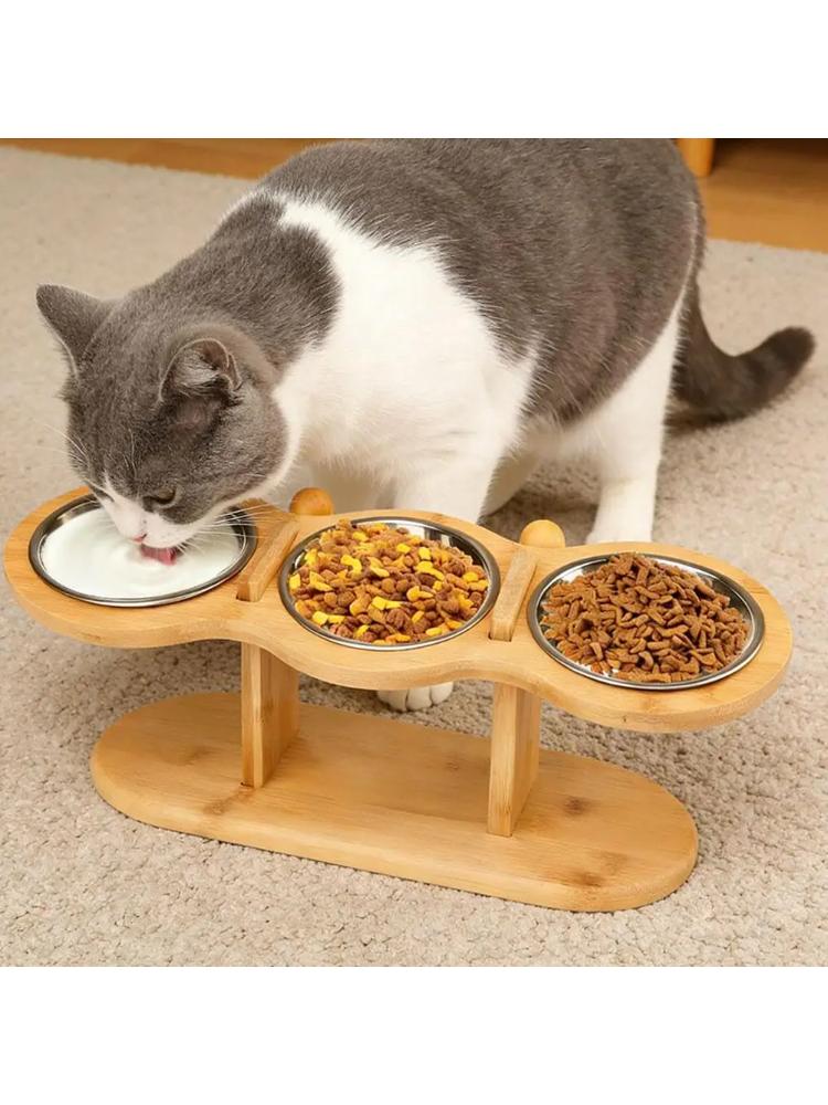Solid Wood Elevated Pet Bowl Stand with 3 Stainless Steel Bowls for Cats and Dogs Adjustable Height Feeding Station