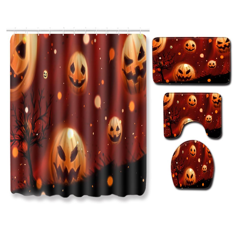 Halloween Shower Curtain Floor Mat Combination Four-Piece Set Bathroom Toilet Carpet Shower Room Mat Foot Mat