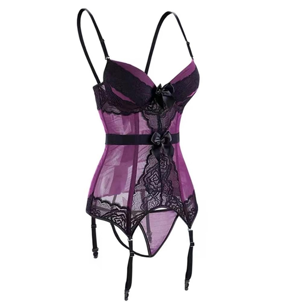 Sexy Lingerie Set Loungewear Cute Erotic Extreme Sexy Competition Leotard One Size Purple [SENMHS] 4-piece [Top, Shorts, Garter, Stockings]