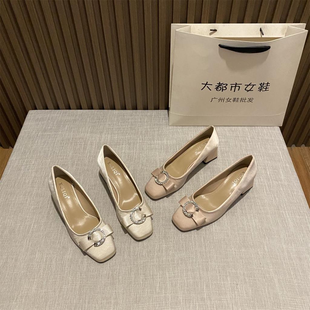 French Elegant Style Square Head Rhinestone Buckle Bow Single Shoes Women's 2025 New Silk and Satin Versatile Commuter High Heels