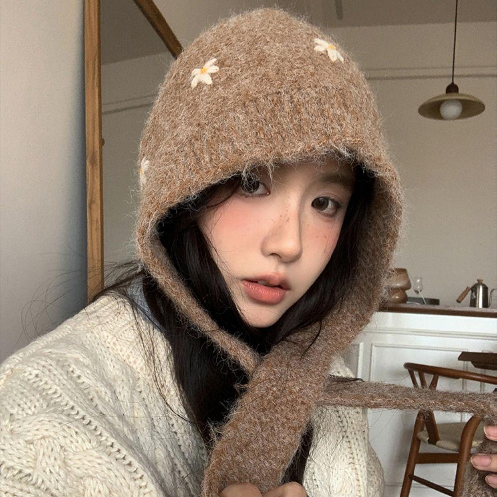 Sweet Knitted Balaclava Hat Embroidered Flowers Pullover Cap Casual Neck Collar Beanies Cap Girls