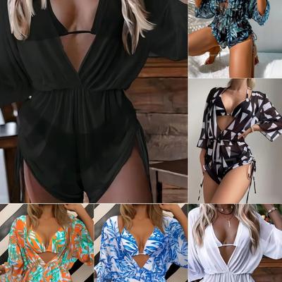 New Long-sleeved Three-piece Mesh Waist Drawstring Printed Split Bikini Swimsuit