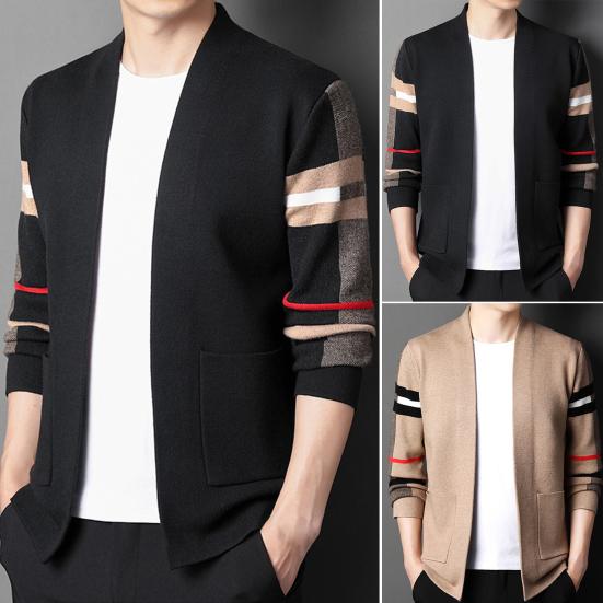 Long Sleeves Pockets Thickened Warm Cardigan Sweater Men Autumn Winter Patchwork Color