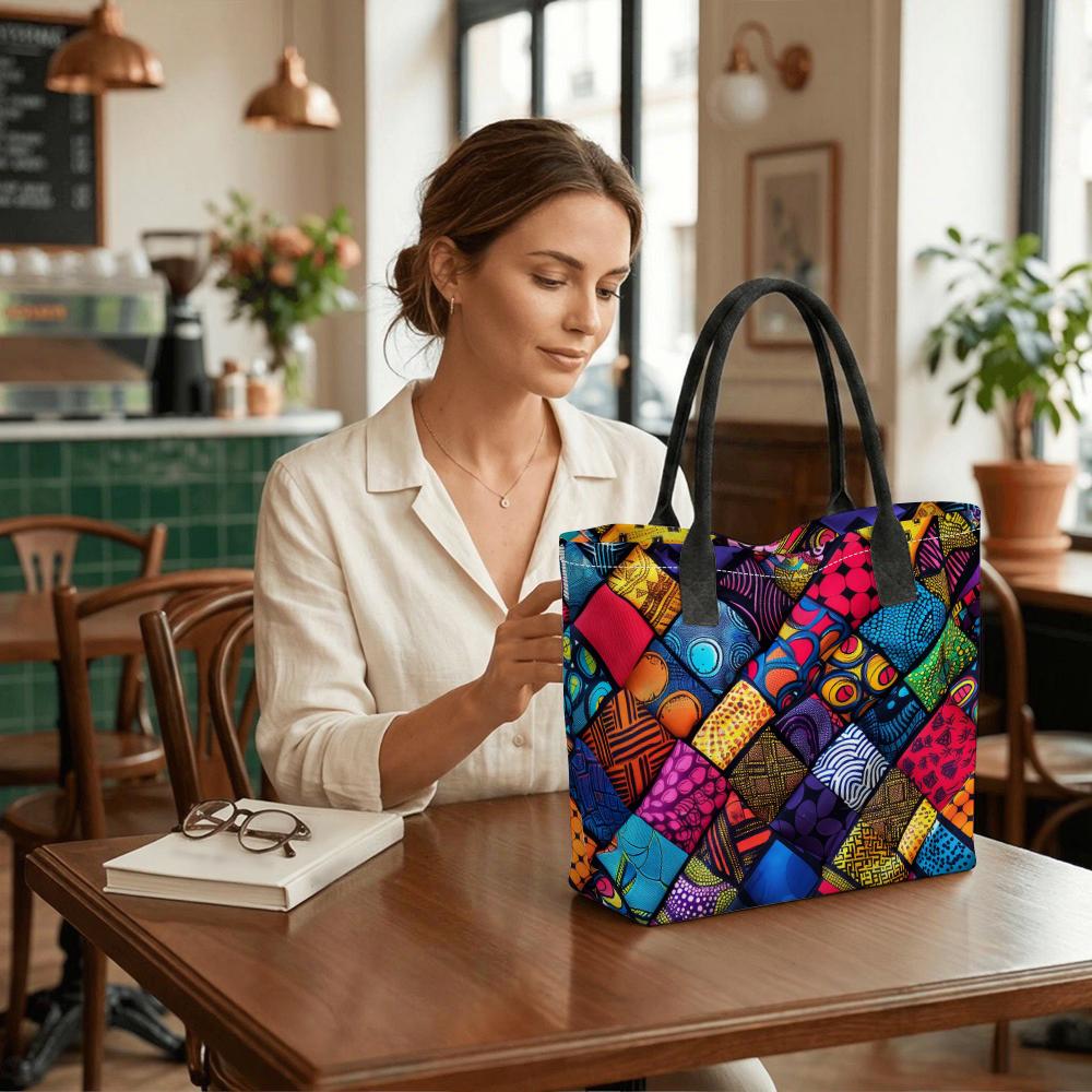 Colorful Geometric Tote Bag Large Capacity Fashion Canvas Shoulder Handbag for Daily Shopping Travel Use