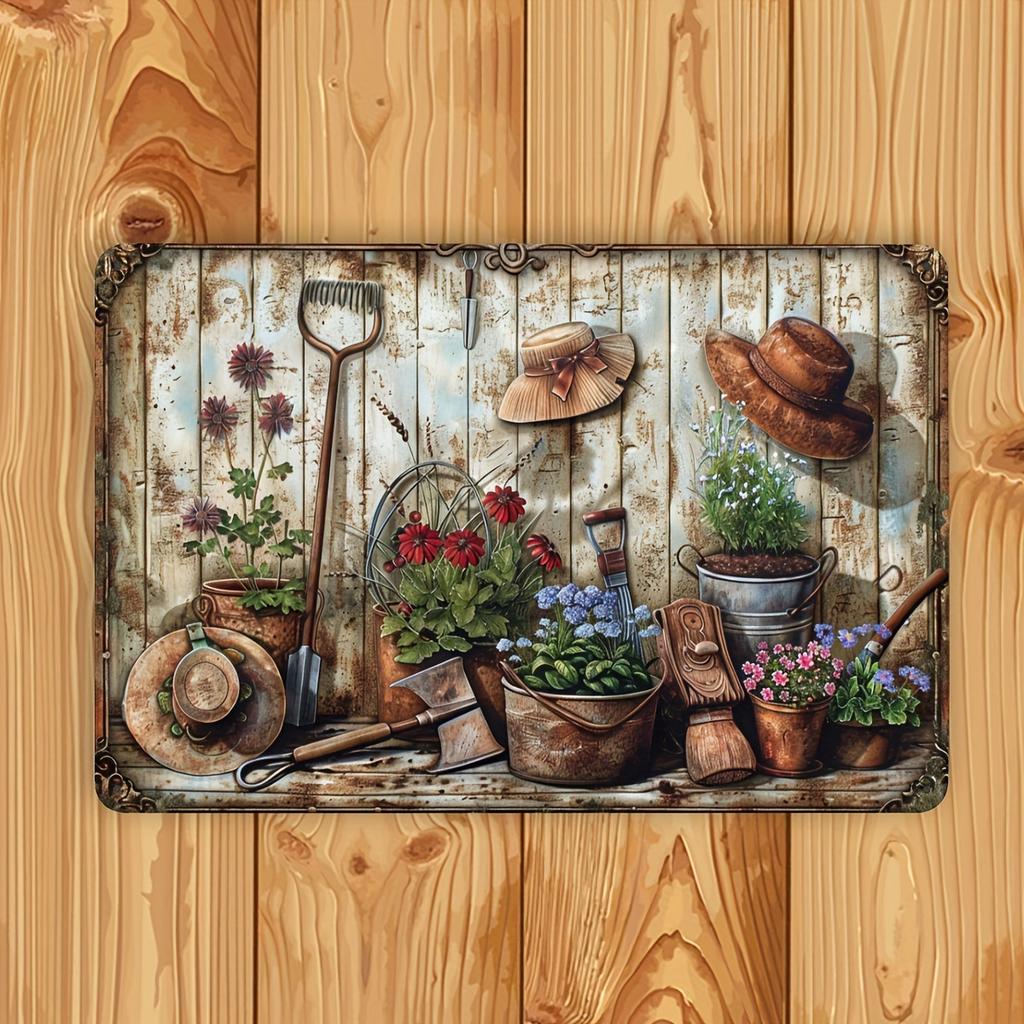 [1 panneau vintage] Panneau en métal rustique vintage à motif floral | Décoration murale de jardin avec fleurs, arrosoir et chapeaux | Décoration murale résistante