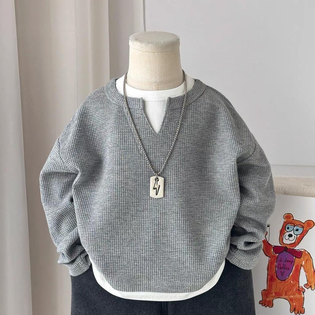 Kids Boys Long Sleeved V-neck T-shirt Spring Autumn Pullover Fake Two Handsome Tops